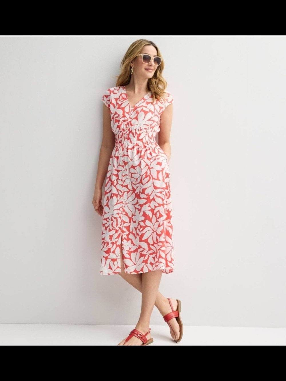 Sonoma Coral & White Floral V-Neck Midi Dress
